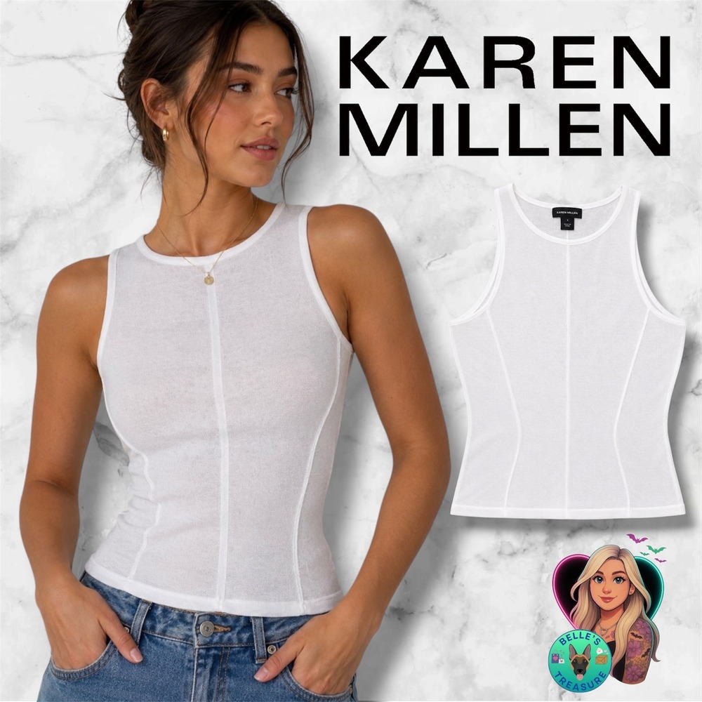 Karen Millen Womens Small White Sheer Knit Tank Top Contoured Seam Lyocell Linen